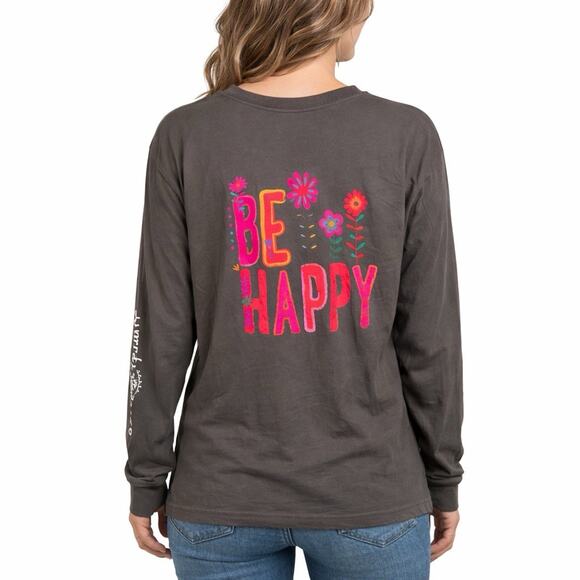 NATURAL LIFE Tops - Natural Life Grey 'Be Happy' Long Sleeve T-Shirt Boho 100% Cotton Womens Large